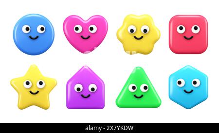 Funny colorful 3D elements of different shapes. Geometric characters with faces. Circle, heart, square, star, triangle, hexagon. Vector illustration Stock Vector