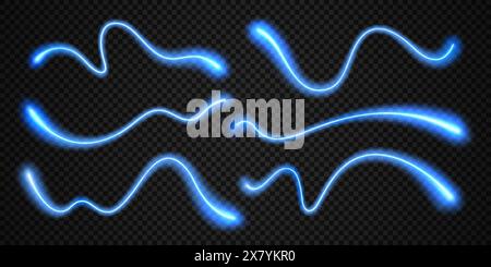 Blue neon wave line effect of light glow curves and magic flows, cartoon vector. Abstract blue neon energy trails and luminescent spray swoosh waves, light flare and wavy ray flashes with glow Stock Vector