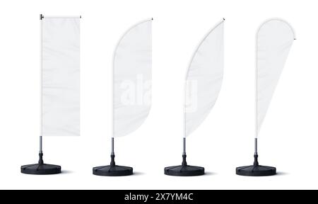 Realistic banner stand and beach flags for outdoor advertising, vector blank mockups. Beach flag banners, feather, bow or teardrop and rectangle shape stands on poles for ad promotion display Stock Vector
