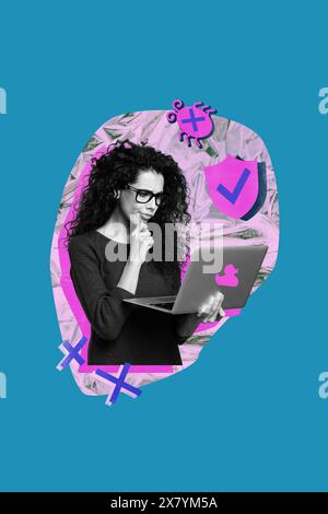 Composite photo collage of blue color black white silhouette smart lady hold laptop hacker bug security data shield protected espionage Stock Photo
