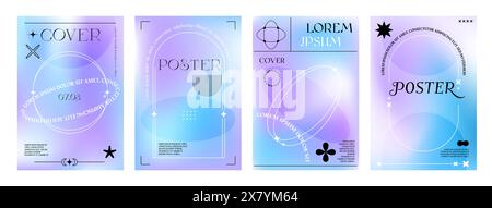 Abstract aesthetic purple y2k gradient posters with modern blur background, line frames and shapes. Vector templates of social media poster or cover with minimal art abstract sun, stars and sparkles Stock Vector