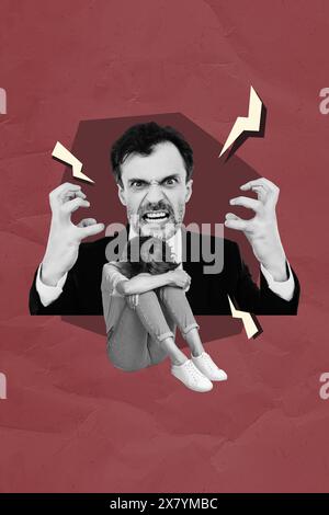 Composite photo collage of angry bossy businesswoman sit office table ...