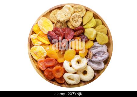 plate of mixed of dried fruits isolated on white background, top view Stock Photo