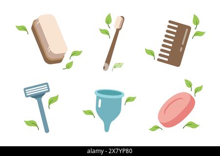 Zero waste concept. Set of ecological personal hygiene items - wooden toothbrush, comb, brush, menstrual cup, solid soap, razor Shaver. Vector illustration in cartoon style Stock Vector