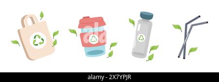 Set of eco friendly tableware items glass jar with cover, reusable coffee cup, metal drinking straws, cotton bag. Zero waste concept. Vector illustration in cartoon style Stock Vector