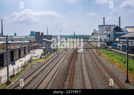 Perspective image of railroad tracks near the train station of Maastricht, The Netherlands Stock Photo