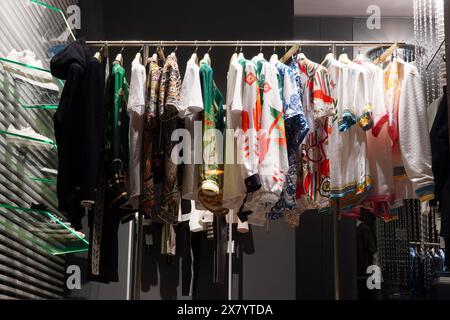 Bucharest, Romania - May 18, 2024: “Casa Frumoasa” luxury clothing brands retailer shop window at night on Calea Victoriei Boulevard Stock Photo