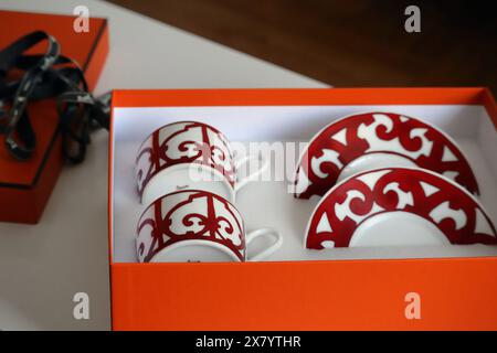 Nice, France - 09.11.2022 : Hermes cups and saucers in the original box, "Balcon du Guadalquivir" collection Stock Photo