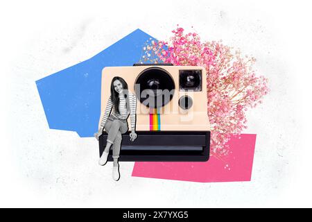 Trend artwork collage of spring season flower plant black white silhouette smart lady sit on huge retro style vintage cam shooting hobby Stock Photo