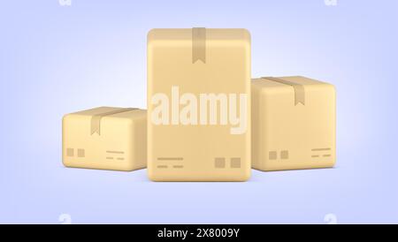 Logistic rectangular sealed cardboard boxes freight transportation and moving realistic 3d icon vector illustration. Closed parcels package with mark Stock Vector