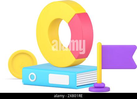 Analyzing company working checking profit with folder documents and rounded graph marking flag 3d icon isometric vector illustration. Planning brainst Stock Vector