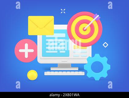 Computer desktop with open information file with machine mechanism, target aim, new email envelope 3d icon isometry vector illustration. Desk monitor Stock Vector