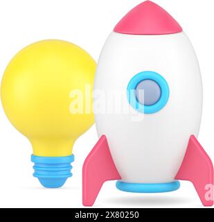 Startup business innovation idea launching spaceship illuminated light bulb 3d icon vector illustration. Brainstorming exploration inspiration rocket Stock Vector