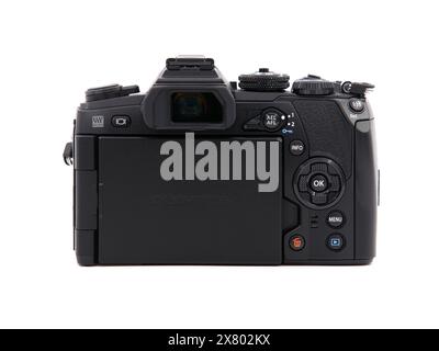 BUCHAREST, ROMANIA - AUGUST 21, 2020. Olympus OM-D E-M1 Mark II mirrorless micro four thirds digital camera, black body, isolated on white Stock Photo