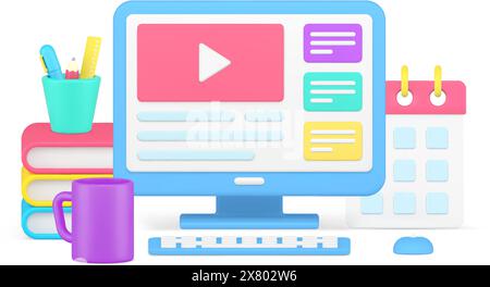Student or worker comfortable workplace organizing with computer pc, schedule, stack of books, stationery and mug 3d icon vector illustration. Remotel Stock Vector