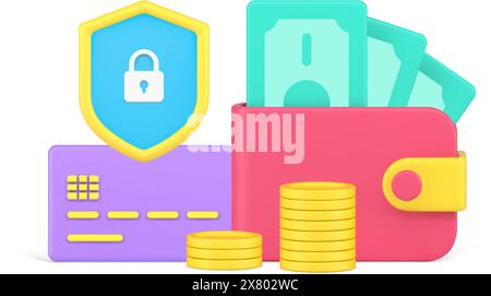 Banking financial security money protect with cash wallet and credit card emoney 3d icon isometric vector. Shield badge bank application safety curren Stock Vector