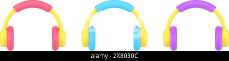 Set bright headphones with dynamics for loud music listening enjoying audio sound template 3d icon vector illustration. Collection earphones rhythm ba Stock Vector