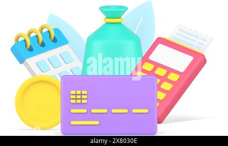 Regular monthly financial payment with sack of money golden coins and calendar reminder 3d icon isometric vector illustration. Credit card POS termina Stock Vector