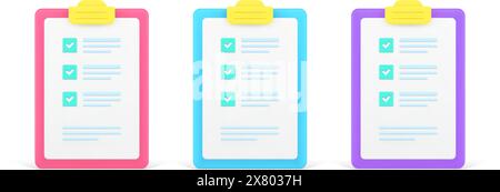 Collection multicolored clipboard paper document check to do list with checkmarks 3d icon template vector illustration. Set of bright check planning a Stock Vector