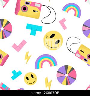 90s retro seamless pattern, bright elements, illustrations, trendy, flat style Stock Photo