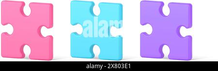Set isometric bright puzzle piece for assembling brainstorming game or finding disease template 3d icon vector illustration. Collection multicolored c Stock Vector