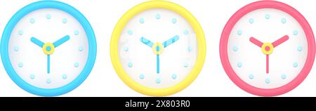 Collection blue, yellow and red analog wall clock front view for time checking 3d icon template vector illustration. Set of retro watch with second, m Stock Vector