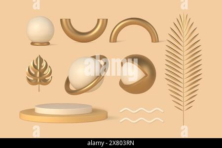 Gold jewelry for 3d interior design vector template set. Figurine Saturn with symbolic open boho eye and golden tropical metal leaves. Double podium a Stock Vector