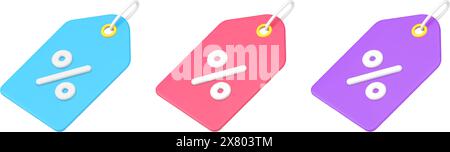 Bright paper percentage tags with hole and rope for hanging set 3d icon template vector illustration. Collection percent label for seasonal sale disco Stock Vector