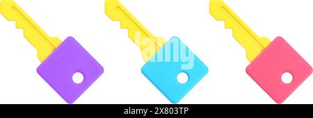 Collection multicolored keys for lock close and open 3d icon template isometric vector illustration. Set bright equipment for unlock access security c Stock Vector