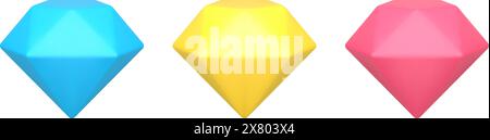 Collection shining isometric gemstones expensive gift, brilliant carat, royal precious gem jewel 3d icon template vector illustration. Set blue, yello Stock Vector