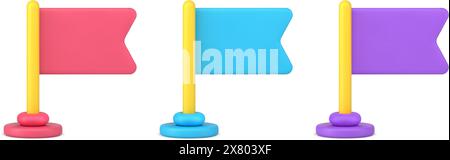 Collection multicolored flags on rack fixing for standing decorative design 3d icon vector illustration. Set of bright symbol of location pinned, achi Stock Vector