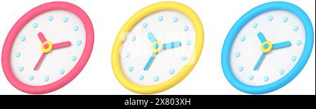 Set of bright decorative wall watch for timing control deadline, time management, important meeting, schedule reminder 3d icon vector illustration. Co Stock Vector
