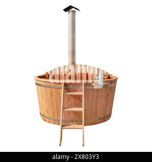 New wooden outdoor bathtub with chimney and wine with glasses isolated on a white background Stock Photo