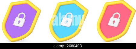 Collection heraldic insignia shield with closed padlock and hole for key isometric 3d vector illustration. Set multicolored antivirus information prot Stock Vector