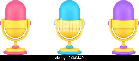 Collection retro studio microphones on rack for loud voice speaking, singing, interview 3d isometric icon vector illustration. Set decorative vintage Stock Vector
