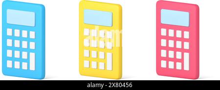 Collection glossy isometric 3d icon modern calculator device machine with buttons and display template vector illustration. Set of electronic gadget f Stock Vector