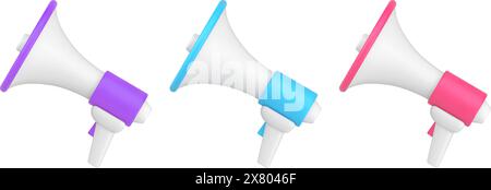 Collection glossy loudspeaker for promotion public announcement megaphone voice speech loud side view 3d icon isometric vector illustration. Set brigh Stock Vector
