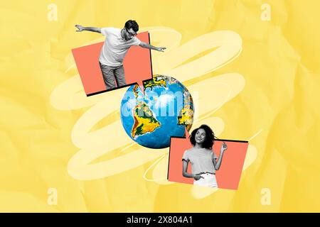 Artwork collage illustration of relationships on distance young couple communicate each other over globe isolated over beige background Stock Photo