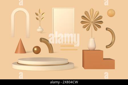 Geometric boho 3d design elements vector template set. White podium with gold edging and exotic branches metal leaves in vases. Decorative arch with t Stock Vector