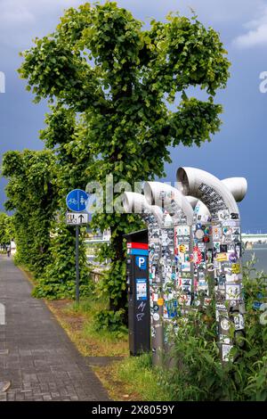 ventilation pipes on the banks of the Rhine covered with many stickers, pollard linden trees, Cologne, Germany. mit vielen Aufklebern beklebte Lueftun Stock Photo