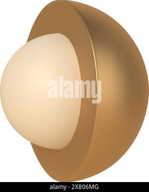Golden hemisphere with 3d ball inside vector template. Abstract scandinavian design with realistic white cutout. Planet figure with cutaway core decor Stock Vector