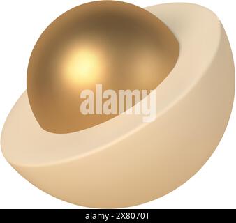 Abstract 3d hemisphere with golden ball inside vector template. Geometric scandinavian design with realistic cutout. Cutaway planet figure with core d Stock Vector