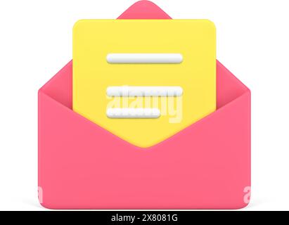 Red open envelope with yellow letter inside 3d icon vector illustration. Cyberspace simple badge for email, mail, incoming message, new post isolated. Stock Vector
