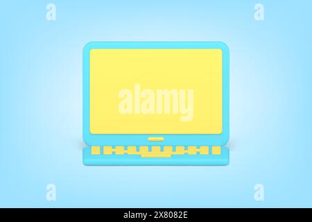 Modern minimalistic laptop 3d icon. Digital device with yellow screen and blue casing. Portable tool for work and online recreation. Powerful gadget i Stock Vector