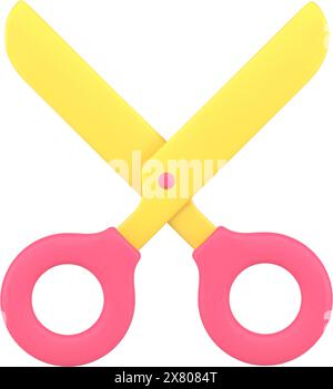 Red scissors with yellow sharp blade 3d icon vector illustration. Cutting symbol of barbershop, hairdressing salon, grooming and hairstyling isolated. Stock Vector
