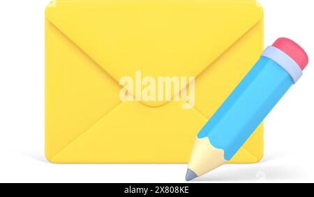 Colorful 3d mail icon. Sealed message in envelope. Volumetric yellow package with information. Blue sharpened pencil for notes. Communication and busi Stock Vector
