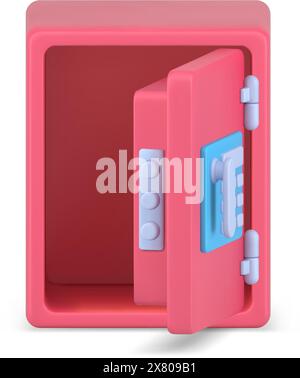 Open empty 3d bank safe. Secure pink vault for cash and jewelry. Banking security with powerful antitheft protection. Financial transactions and comme Stock Vector