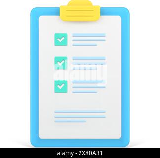Checklist on 3d clipboard paper. Document in test form with check marks and stripes abstract questions. Questionnaire with notes. Plan for implementat Stock Vector