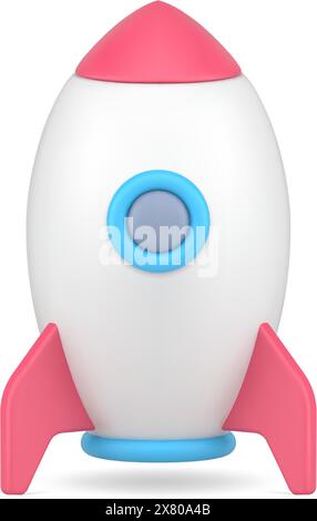 Rocket 3d ready for launch. White spaceship standing on surface with pink supports. New startup project being tested for successful business launch. V Stock Vector