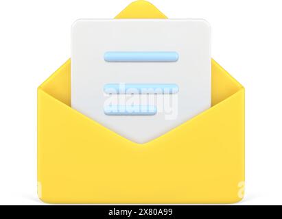 Document in yellow 3d envelope. White volumetric sheet of paper with blue text. Read online message. Realistic symbol communication. Business news and Stock Vector
